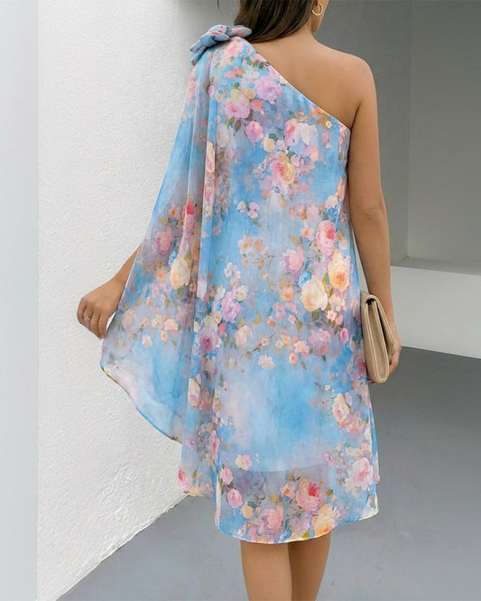 CHICME Women's Floral Print One-Shoulder Chiffon Dress 3D Floral Decor Split Sleeve Loose A-Line Mini Dress