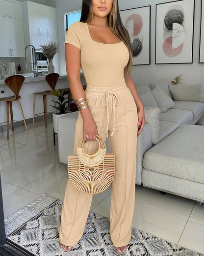 2 Pieces Outfit U-Neck Short Sleeve Slim Fit Ribbed Bodysuit and Drawstring Elastic Waist Seam Front Pants Casual Versatile Set