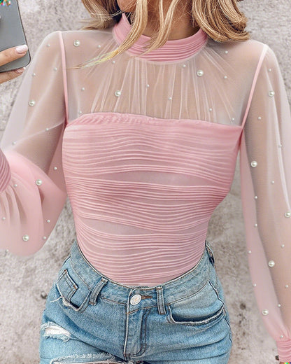 Pearls Decor Mock Neck Sheer Mesh Spliced Ruched Tee Hollow-out Back Slim Fit Textured Top