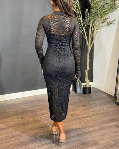 CHICME Women's Stand Collar Floral Lace Mid-length Dress Long Sleeve Button Down Bodycon Dress with Cami Lining Set