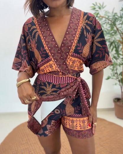 Women's Tropical Print Romper V Neck Wrap Knot Side Jumpsuit Half Sleeve Beach Vacation Summer Skorts Romper