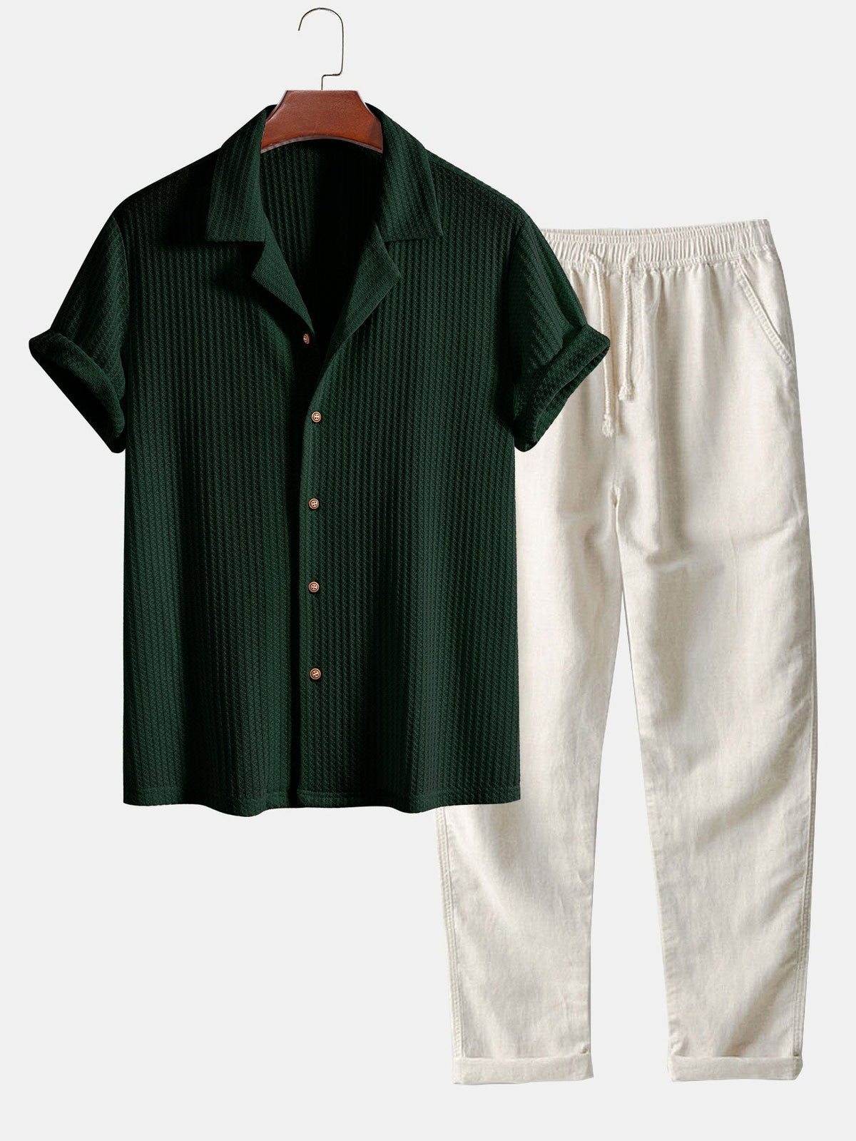 Short Sleeve Knit Waffle Cuban Shirt & Straight Linen Pants