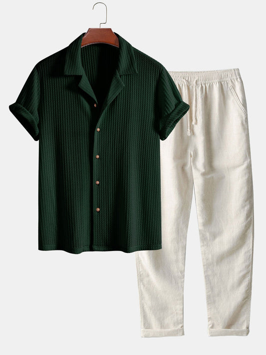 Short Sleeve Knit Waffle Cuban Shirt & Straight Linen Pants