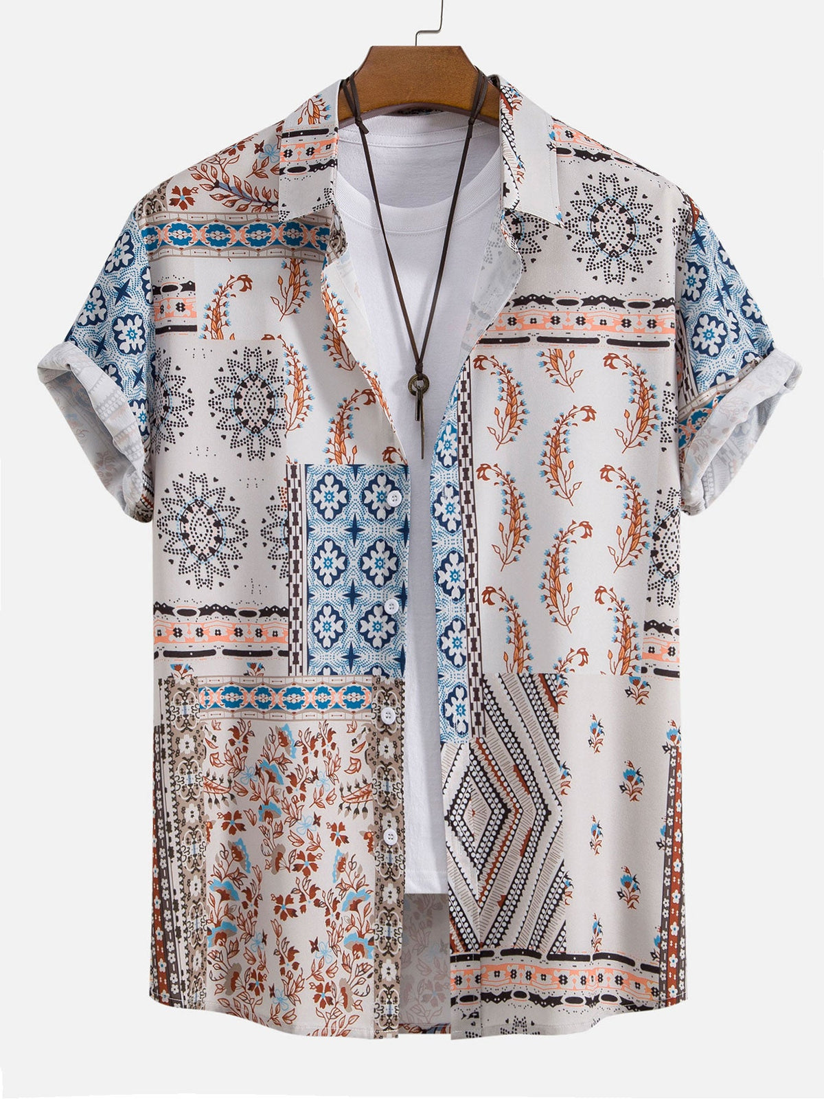 Scarf Print Button-Up Shirt & Swim Shorts