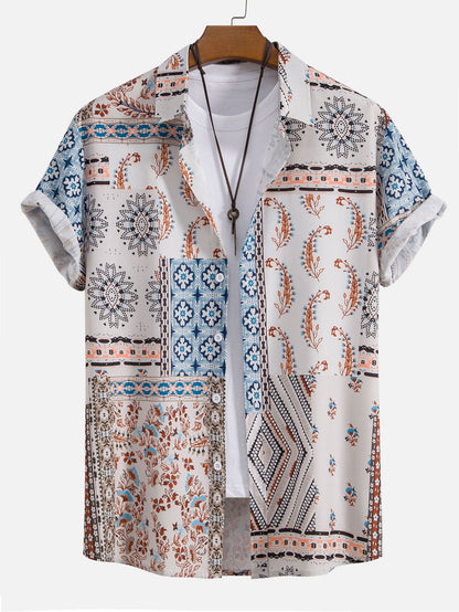 Scarf Print Button-Up Shirt & Swim Shorts