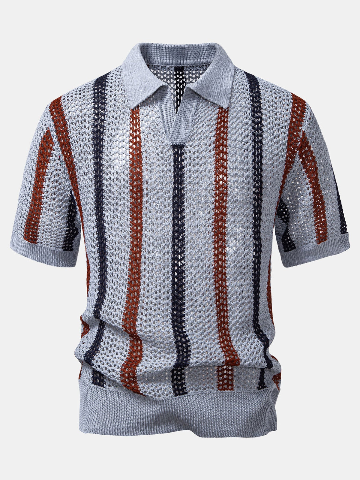 Striped Crochet V-Neck Polo