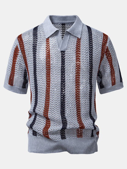 Striped Crochet V-Neck Polo