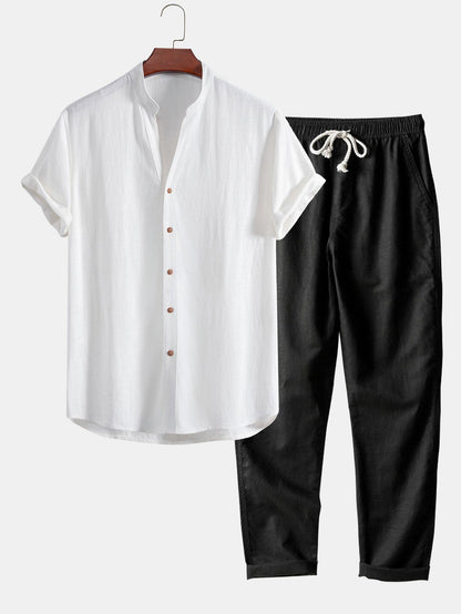 V-Neck Linen-Rayon Blend Shirt & Straight-Leg Linen Pants