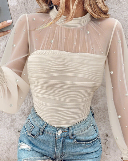 Pearls Decor Mock Neck Sheer Mesh Spliced Ruched Tee Hollow-out Back Slim Fit Textured Top