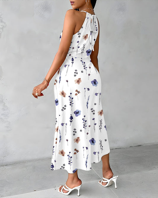 Watercolor Ditsy Floral Print Halter Tie Hollow-out Criss Cross Spliced Front Ruched Dress Casual Draped Slit Front Vacation Dress