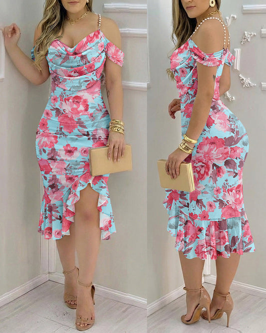 Women's Floral Mesh Midi Dress Pearl Strap Cowl Neck Ruffle Slit Bodycon Dress Vacation Party Dress