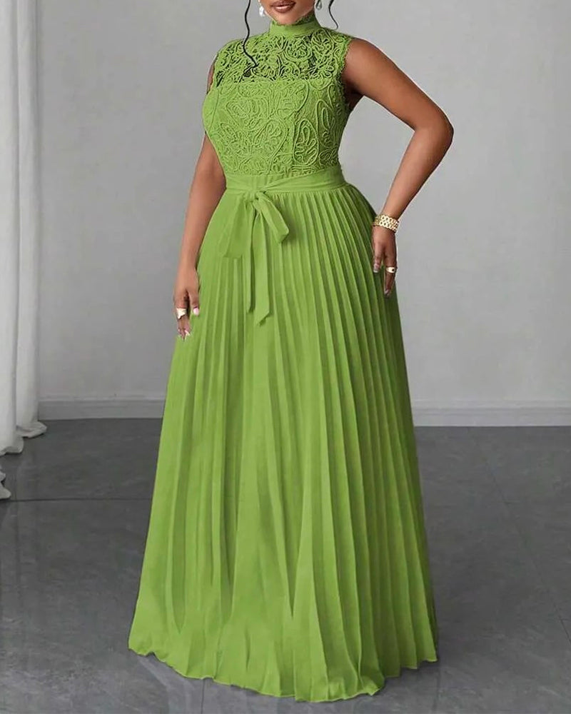Mock Neck Sleeveless high Waist Pleated Maxi Dress Elegant Lace & Braided Spliced Zipper Back Evening Dress with Belt