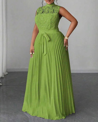 Mock Neck Sleeveless high Waist Pleated Maxi Dress Elegant Lace & Braided Spliced Zipper Back Evening Dress with Belt