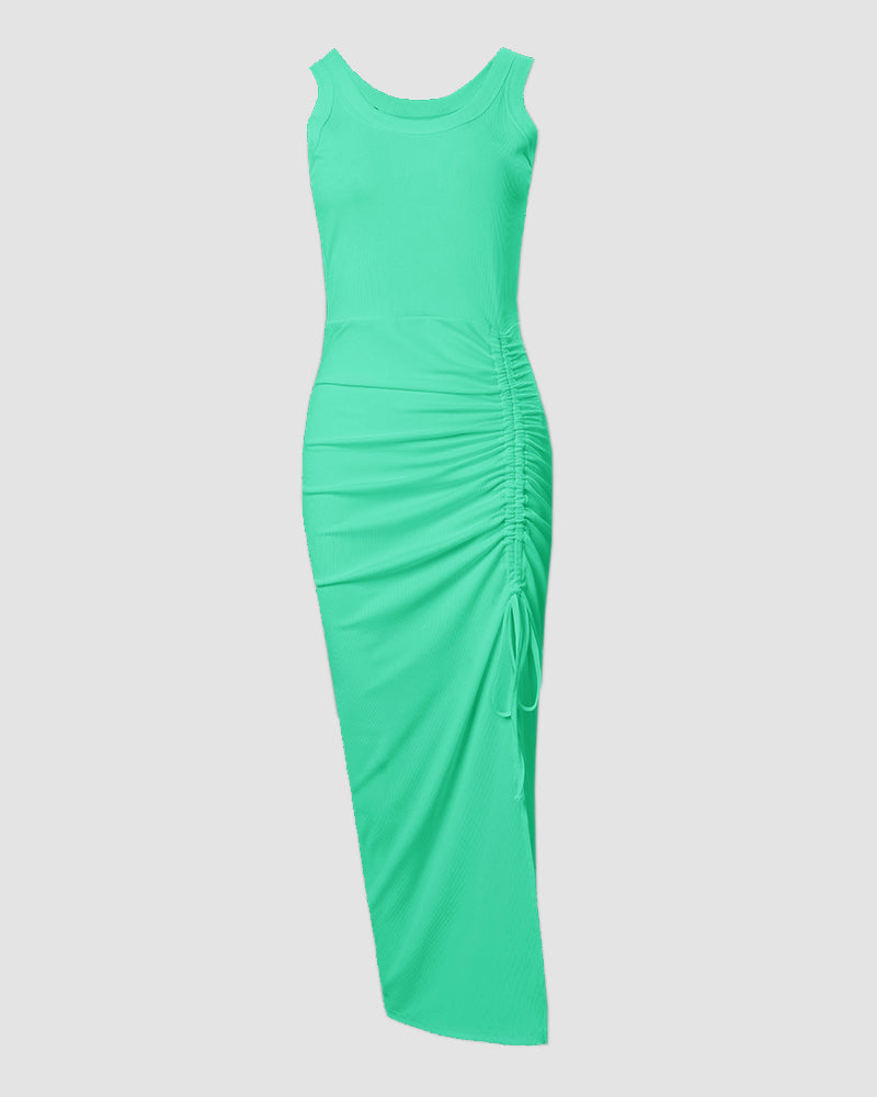 Side Slit Drawstring Ruched Bodycon Casual Sun Maxi Dresses Sleeveless Ribbed Tank Dress