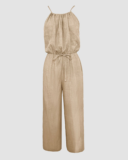 Womens Spaghetti Strap Drawstring Tied Waist Jumpsuit Casual Overalls