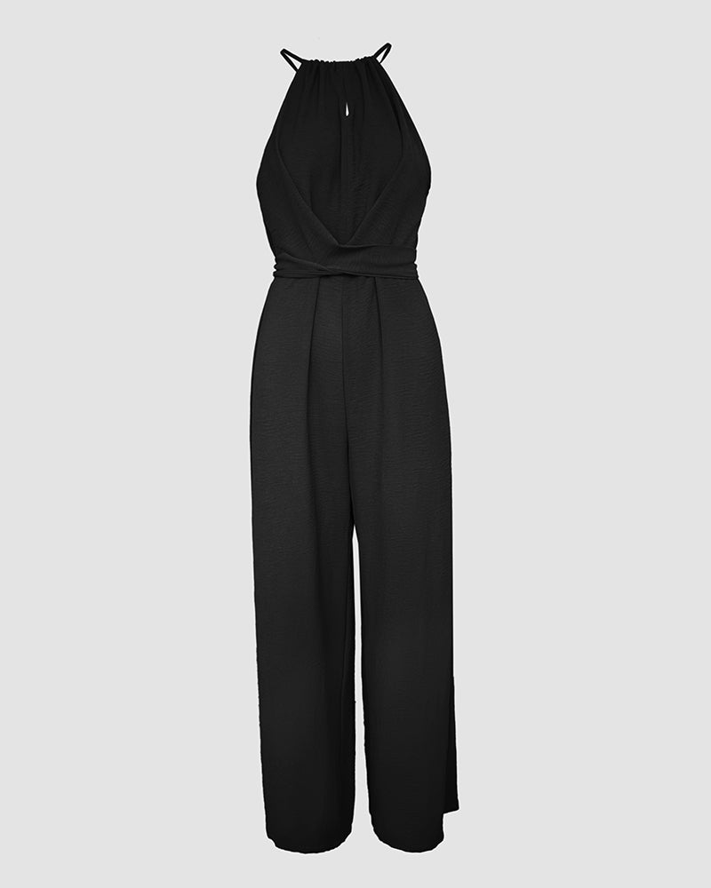 Halter Sleeveless Lace-up Jumpsuit Casual Waist Ruched Loose Fit Romper