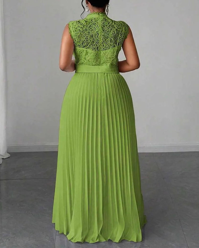 Mock Neck Sleeveless high Waist Pleated Maxi Dress Elegant Lace & Braided Spliced Zipper Back Evening Dress with Belt