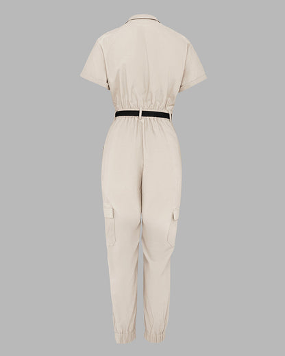 Turn-down Collar Short Sleeve Zipper Front Cuffed Short Jumpsuit Casual Pocket Design Cargo Romper with Belt