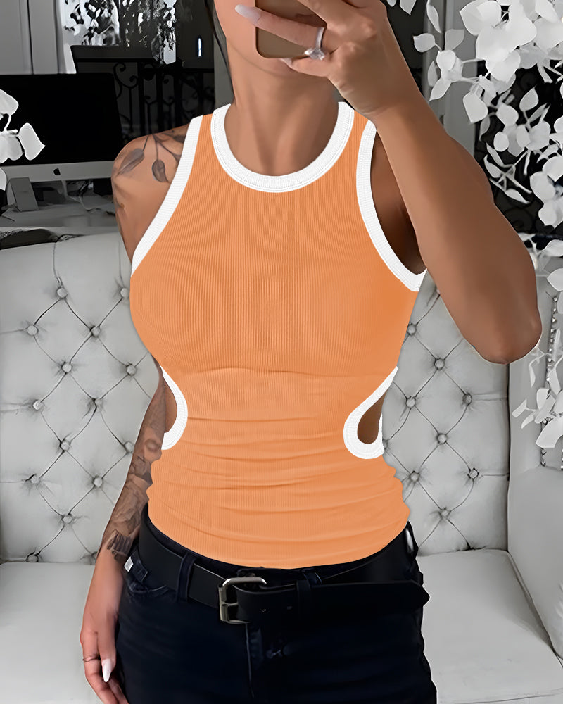 Women's Ribbed Contrast Trim Tank Top Sleeveless Crew Neck Cutout Slim Fit Stretch Casual Top