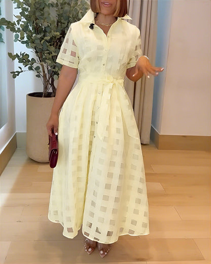 Turn-down Collar Plaid Mesh Double-Layered Cinched Waist Maxi Dress Button Down Bow Tie Waist Commuting Dress