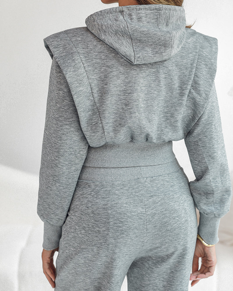 2 Pieces Outfit Long Sleeve Crop Drawstring Hoodie Sweatshirt With Thumb Hole Cuffs And Casual Drawstring Elastic Waist Wide Leg Sweatpants Set