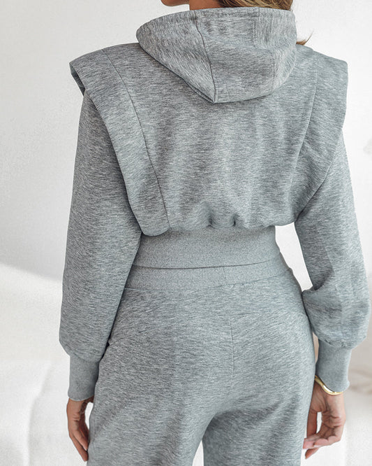 2 Pieces Outfit Long Sleeve Crop Drawstring Hoodie Sweatshirt With Thumb Hole Cuffs And Casual Drawstring Elastic Waist Wide Leg Sweatpants Set