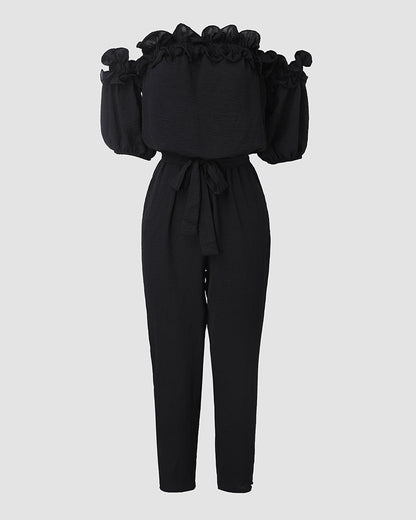 Frill Trim Off Shoulder Short Sleeve Tie Waist Overalls Casual Textured Jumpsuit