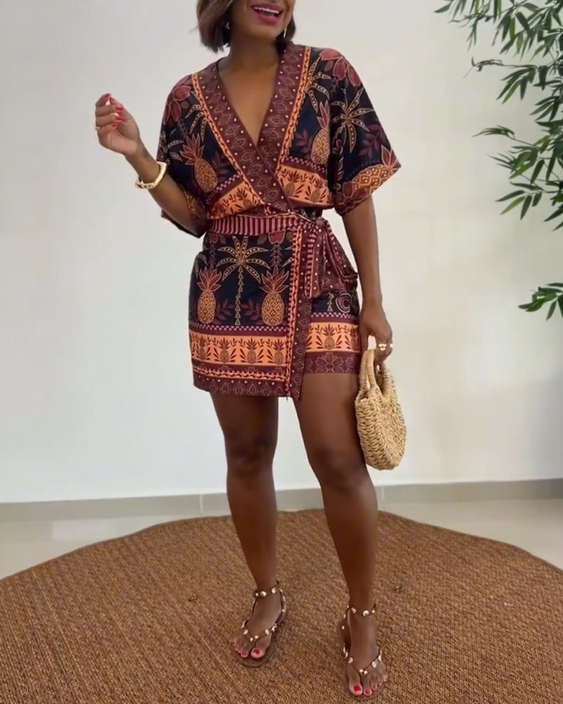 Women's Tropical Print Romper V Neck Wrap Knot Side Jumpsuit Half Sleeve Beach Vacation Summer Skorts Romper