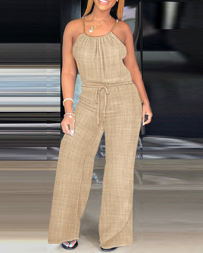 Womens Spaghetti Strap Drawstring Tied Waist Jumpsuit Casual Overalls