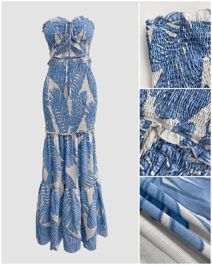 Tropical Print Halter Tie Shirred Frill Trim Cinched Waist Vacation Dress Ruched Cutout Front Slim Fit Ruffle Hem Mermaid Dress