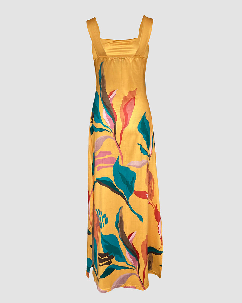 Plants Placement Print Square Neck Thick Strap Side Slit Maxi Dress Casual Vacation Dress with Pockets