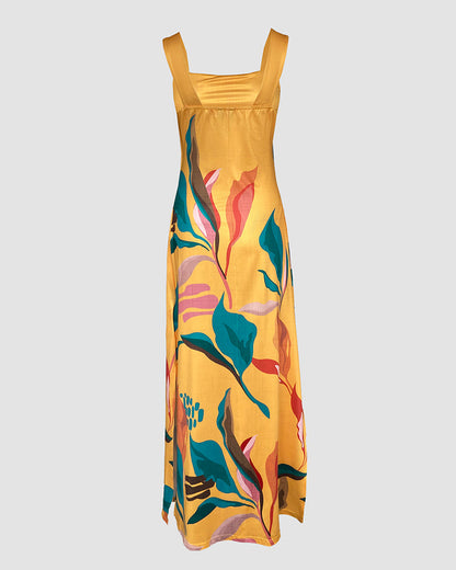 Plants Placement Print Square Neck Thick Strap Side Slit Maxi Dress Casual Vacation Dress with Pockets