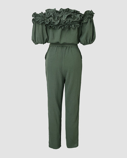 Frill Trim Off Shoulder Short Sleeve Tie Waist Overalls Casual Textured Jumpsuit