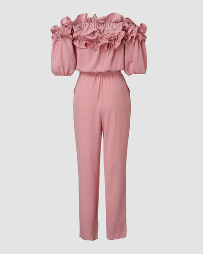 Frill Trim Off Shoulder Short Sleeve Tie Waist Overalls Casual Textured Jumpsuit