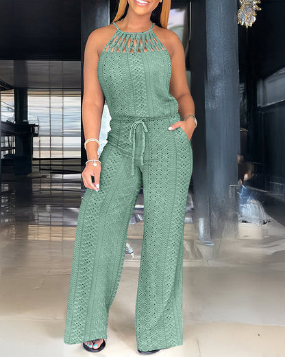 CHICME Women's Halter Tie Knit Jacquard Jumpsuit Hollow-Out Criss-Cross Front Wide-Leg Romper with Adjustable Drawstring Waist