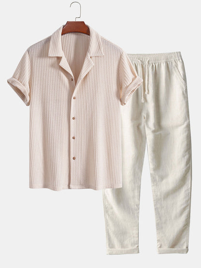 Short Sleeve Knit Waffle Cuban Shirt & Straight Linen Pants