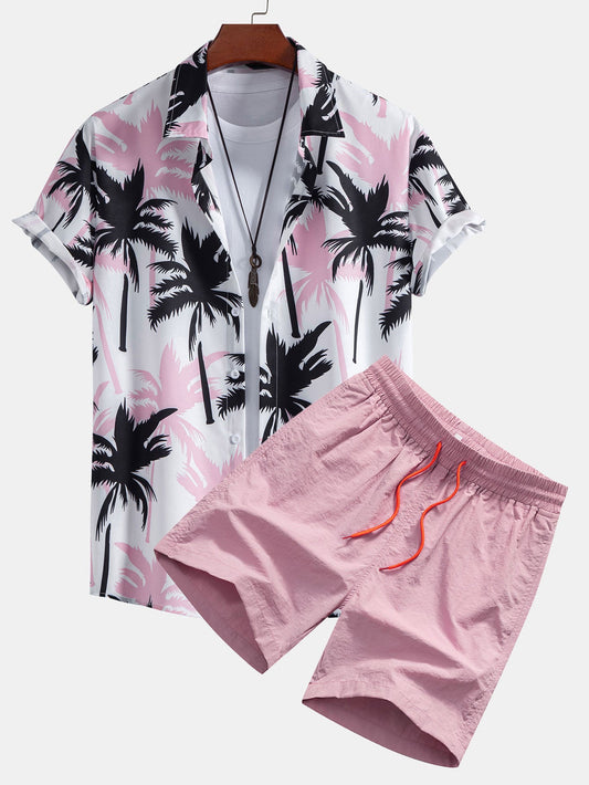 Palm Tree Print Button-Up Shirt & Swim Shorts