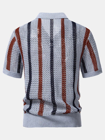 Striped Crochet V-Neck Polo
