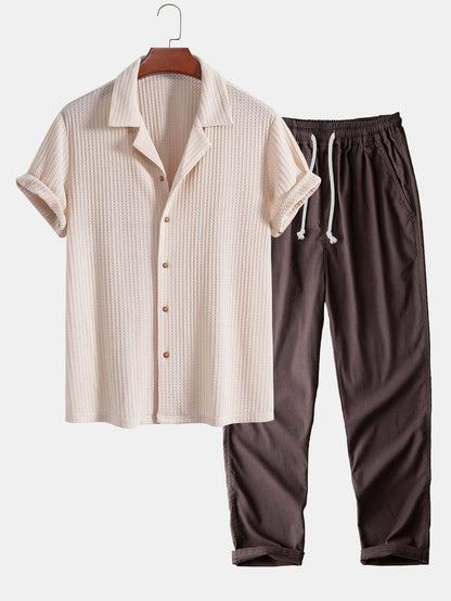 Short Sleeve Knit Waffle Cuban Shirt & Straight Linen Pants