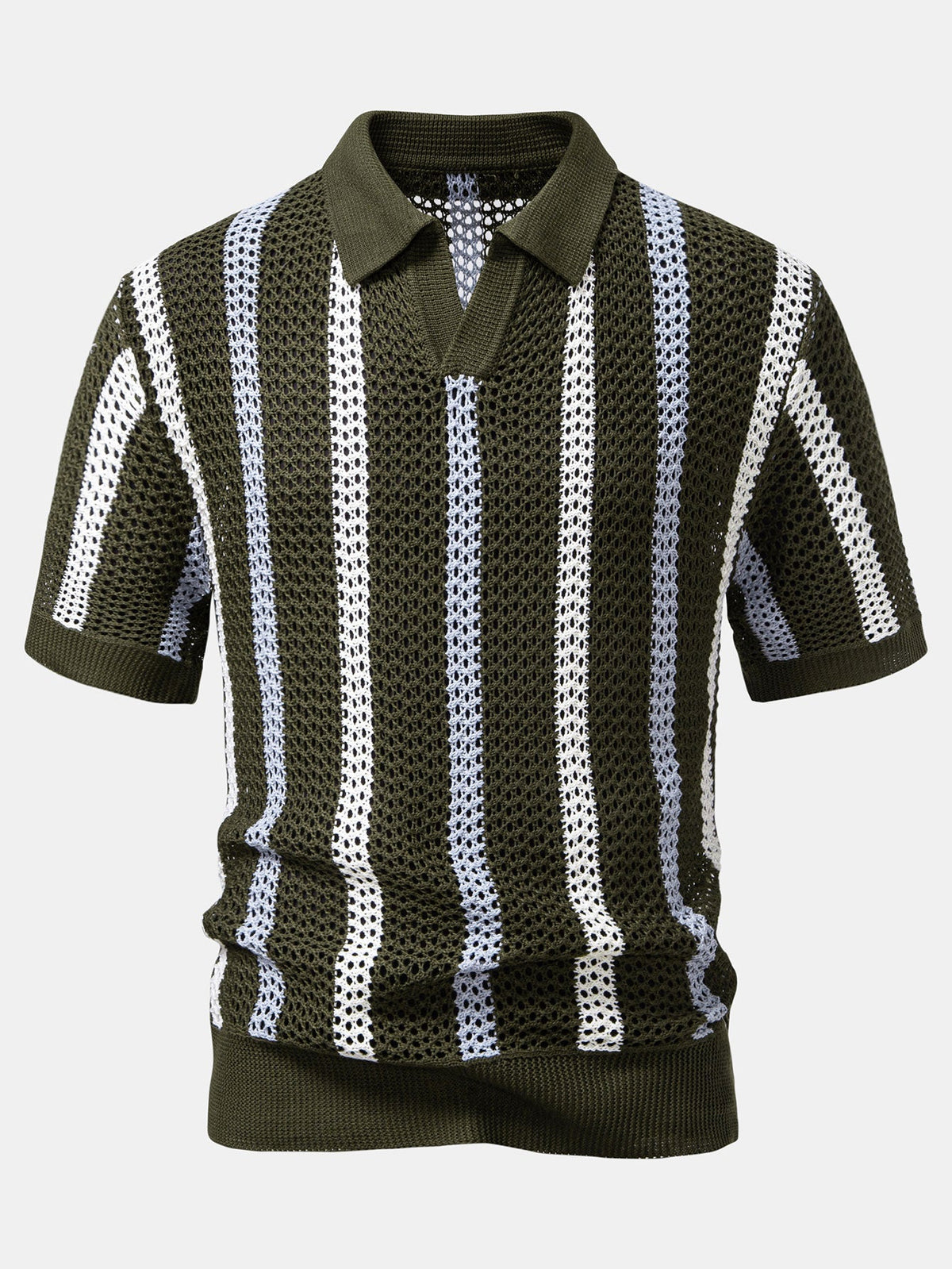 Striped Crochet V-Neck Polo
