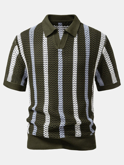 Striped Crochet V-Neck Polo