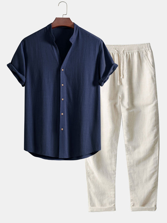 V-Neck Linen-Rayon Blend Shirt & Straight-Leg Linen Pants