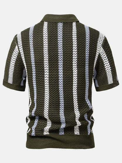 Striped Crochet V-Neck Polo