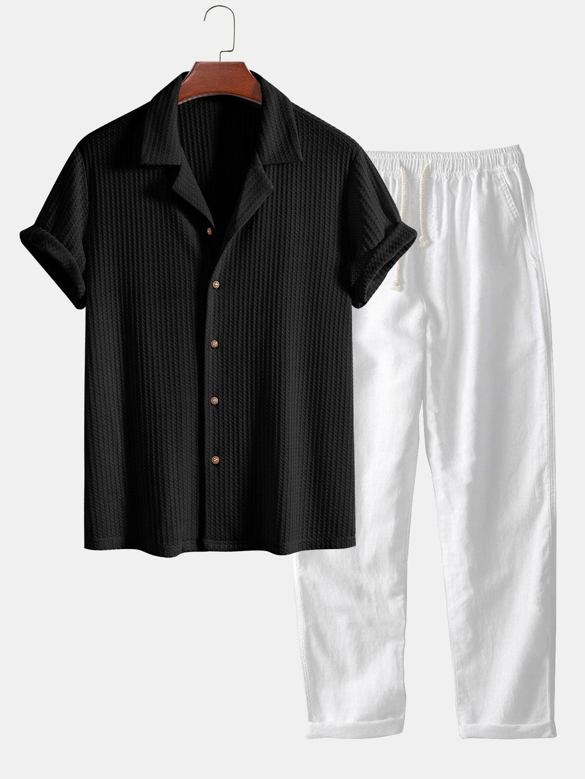 Short Sleeve Knit Waffle Cuban Shirt & Straight Linen Pants