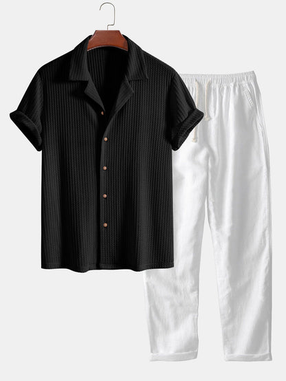Short Sleeve Knit Waffle Cuban Shirt & Straight Linen Pants