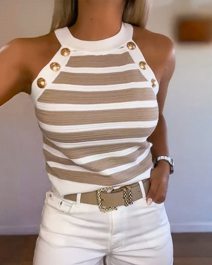 Striped Halter Sleeveless Tank Causal Golden Button Decor Breathable Knit Top