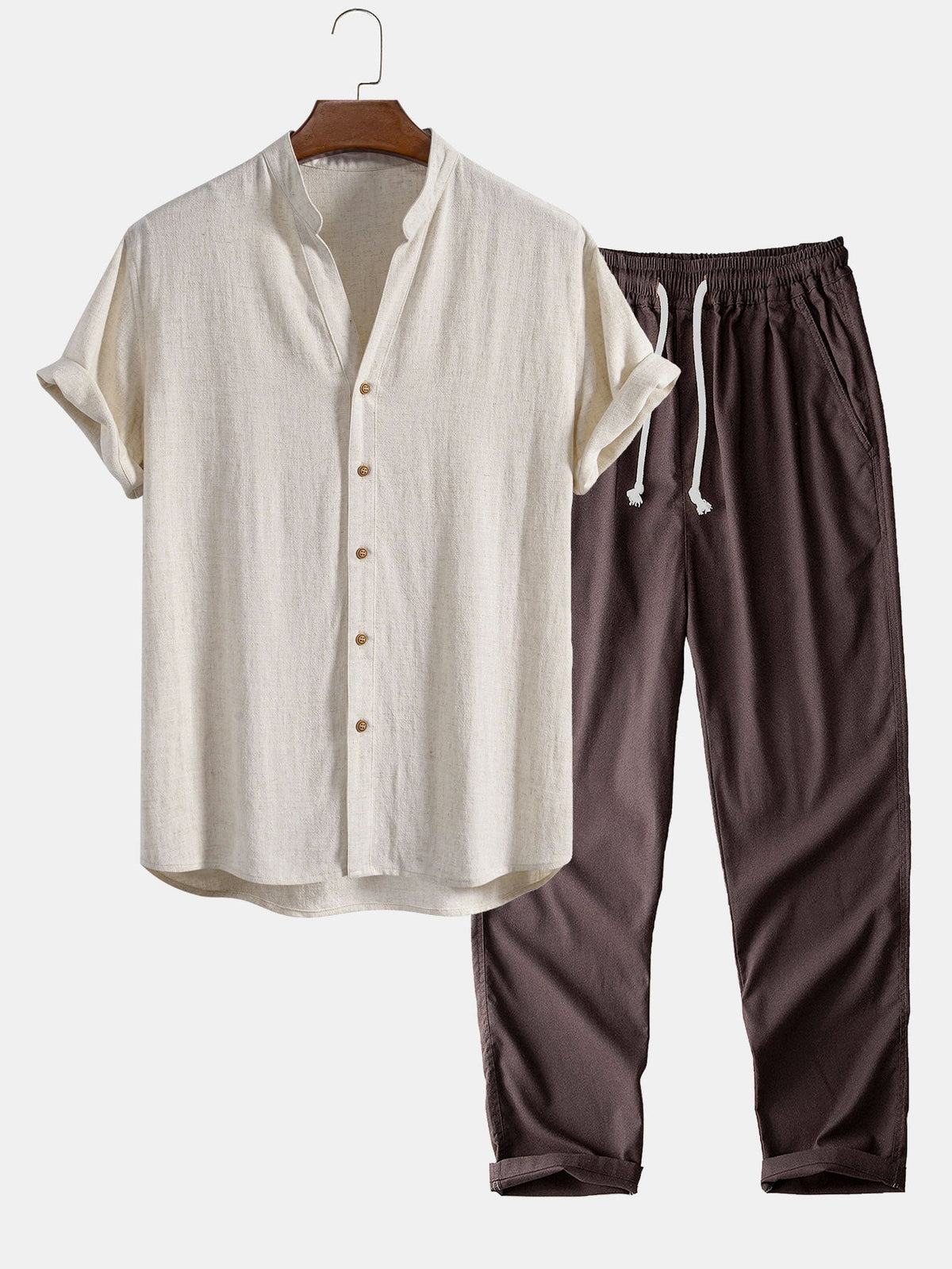V-Neck Linen-Rayon Blend Shirt & Straight-Leg Linen Pants