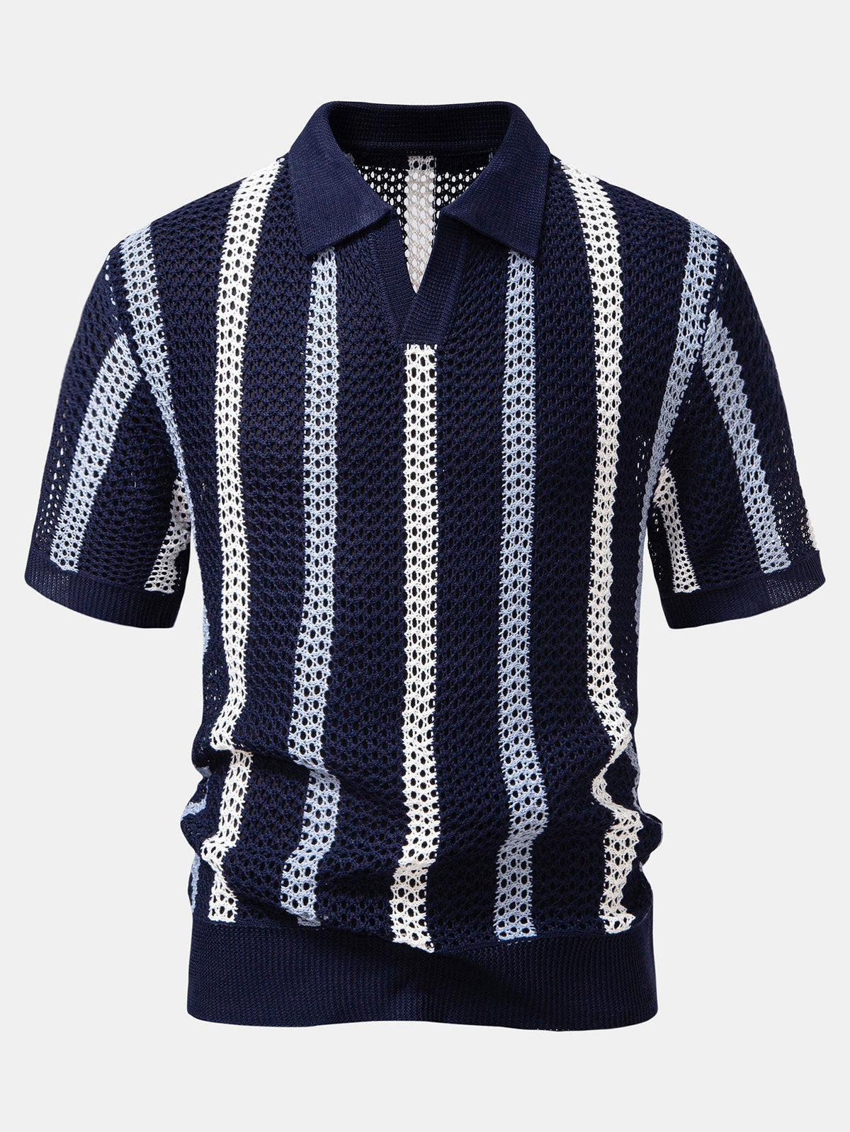 Striped Crochet V-Neck Polo