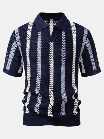 Striped Crochet V-Neck Polo