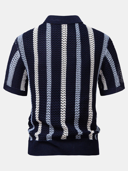 Striped Crochet V-Neck Polo